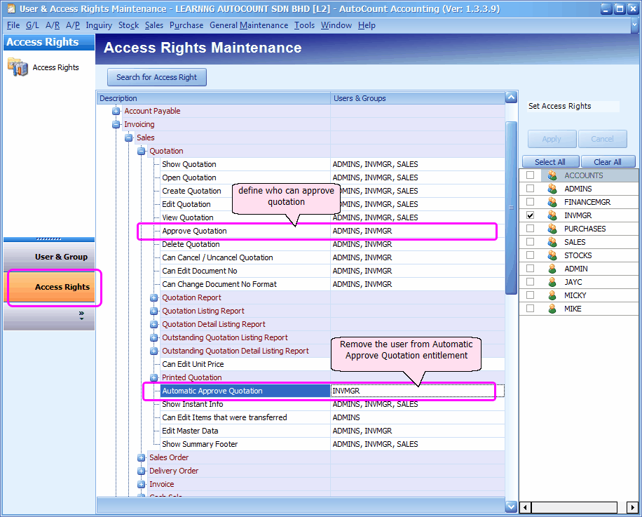 Access rights. Create quotation. Access right Review. Quotation Definition. Access details